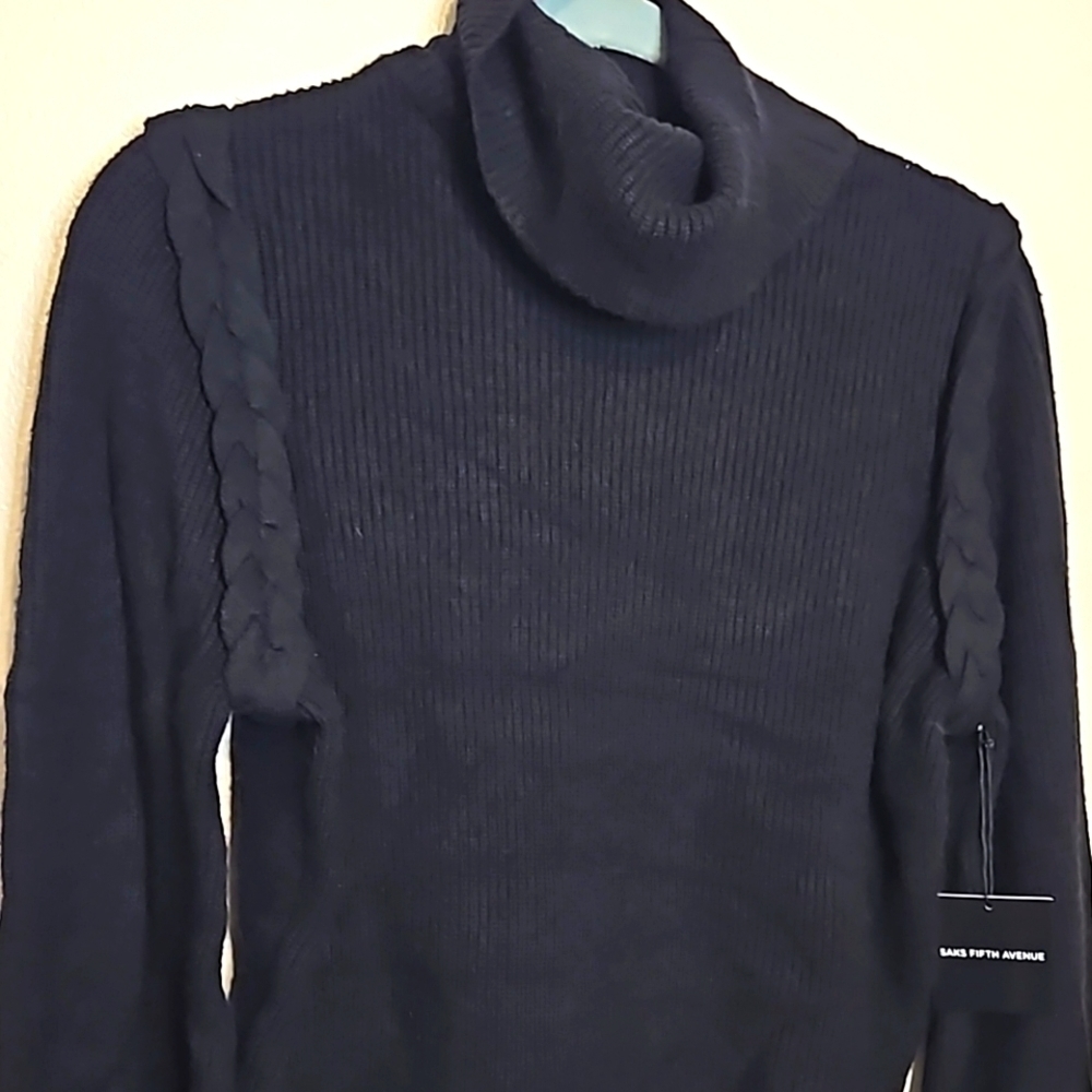 Saks Fifth Avenue Black Braided Knit Turtleneck Sweater Size Small NWT